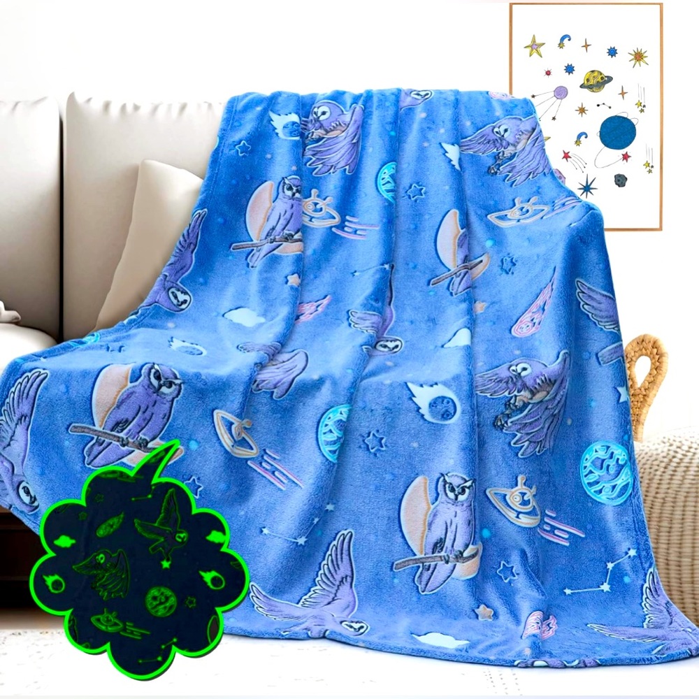 NWT Glow In The Dark Fleece Throw Owl Blanket, Soft, Warm & Fuzzy